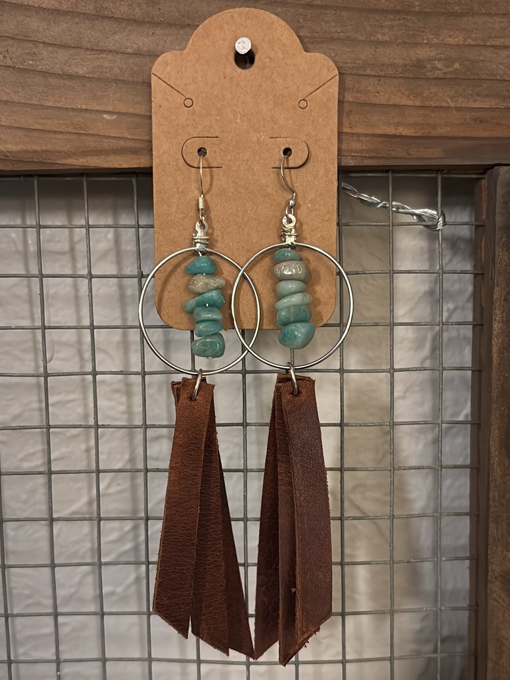 Boho Amazonite & Brown Leather Tassel silver tone Hoop Earrings